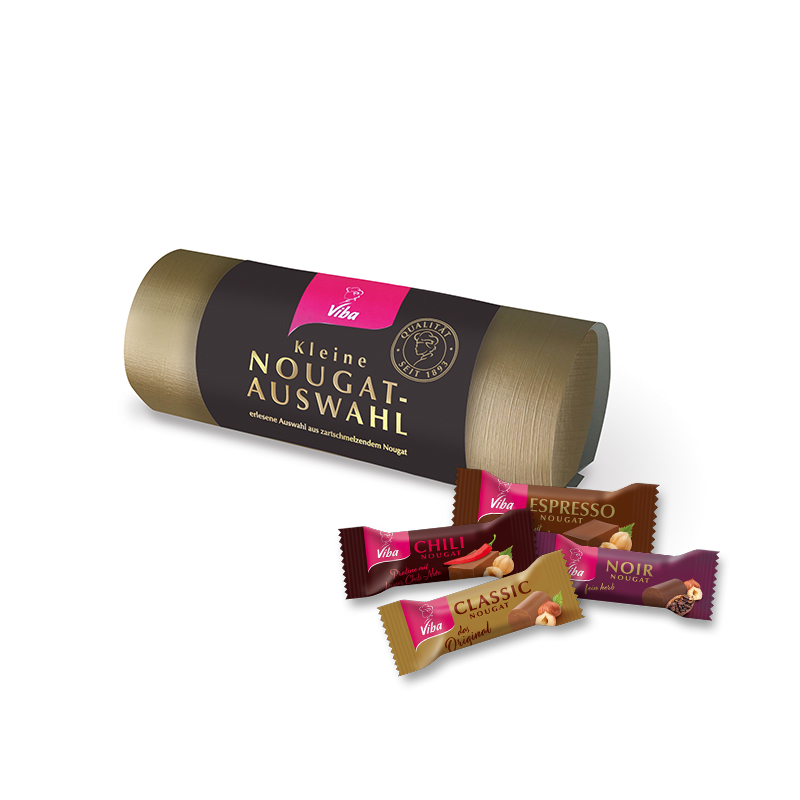 Viba Geschenkpackung Rollenpräsent Kleine Nougat-Auswahl DIE FEIN HERBEN mit verschiedenen Nougat Minis