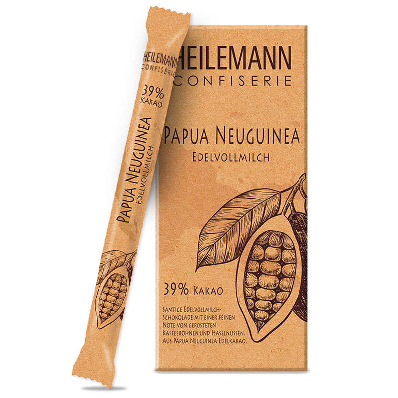 Ursprungs-Schokolade Papua Neuguinea 39 % Kakao Edelvollmilch Tafel und Stick