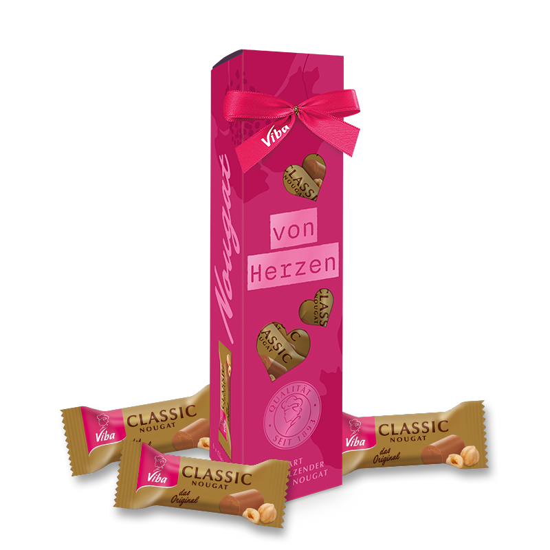 Viba Genusszeit Geschenkpackung „Von Herzen“ Präsent mit Classic Nougat Minis, 60 g