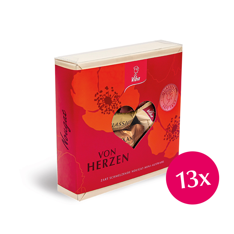 Viba Herzensfreude Geschenkpackung geöffnet gefüllt mit Nougat Minis im Vorratspack, 13 x 120 g