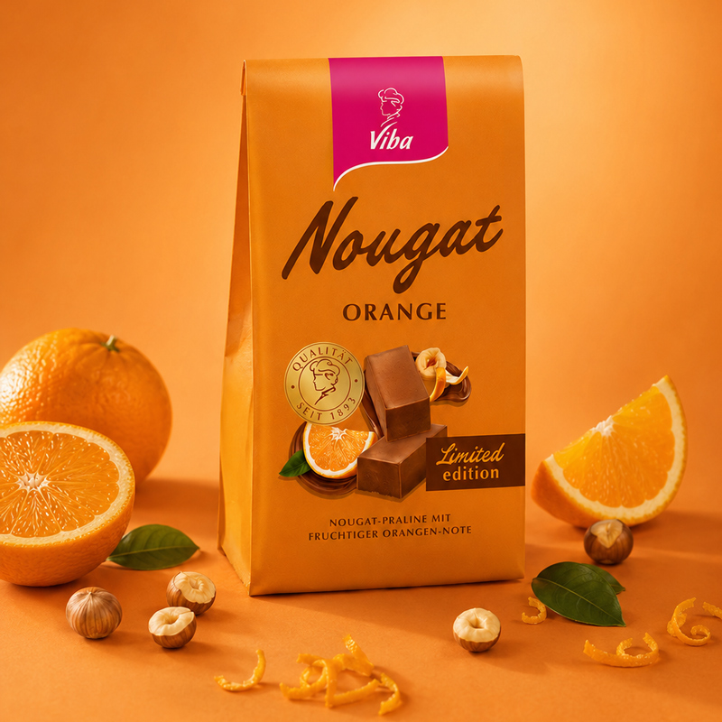 Viba Orangen Nougat mit aufgeschnittenen Orangen und Haselnüssen