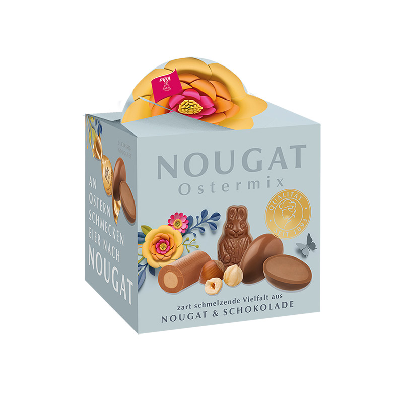 Viba Flower Power Osternest gefüllt mit Osterhäschen, Osterei und Schicht-Nougat Minis, 98 g