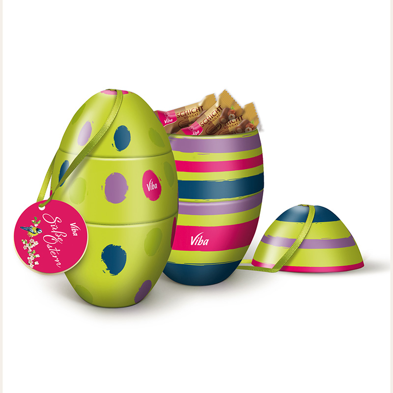 Viba Osterei aus Blech "Süße Ostern" gefüllt mit Schicht-Nougat Minis, 80 g