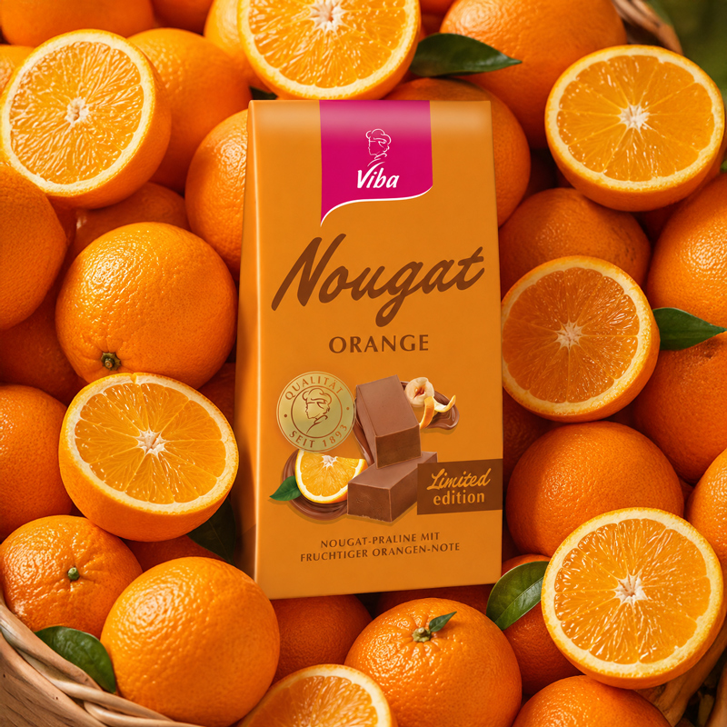 Viba Orangen Nougat Beutel im Korb voller Orangen