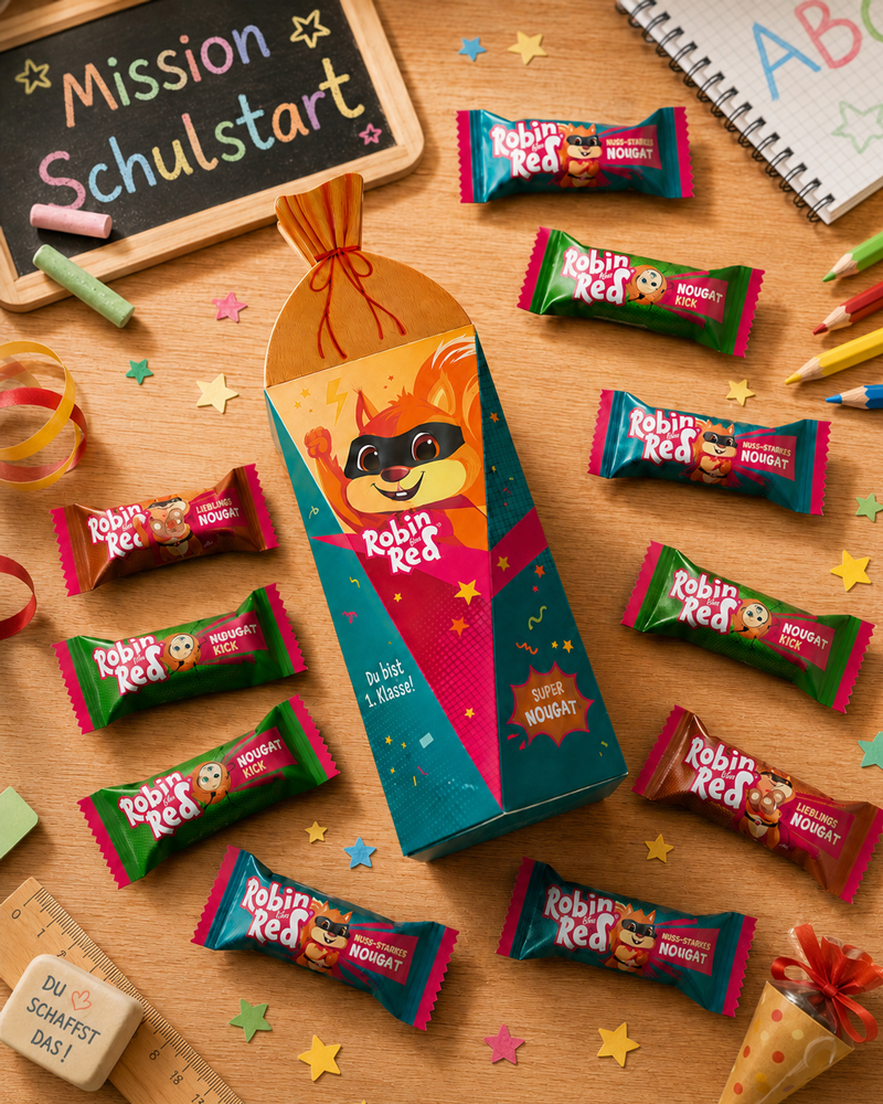 Viba Robin Red Superhelden-Nougat Schultüte mit Minis - Geschenk zum Schulstart