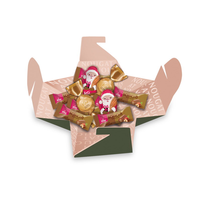 Viba Weihnachtsgeschenk "Festliche Auswahl" offen, gefüllt mit Schicht Nougat Minis, Weihnachtsmännchen und Kugel, 120 g