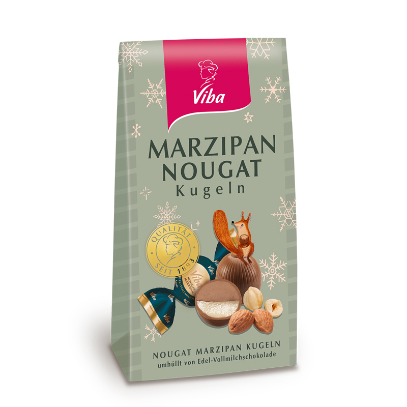 Viba Nougat Marzipan Kugeln im weihnachtlichen Geschenkbeutel, 105 g