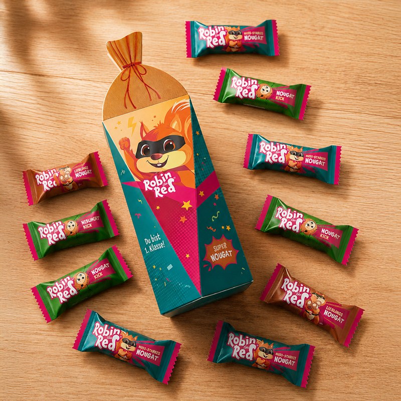 Viba Robin Red Superhelden-Nougat Schultüte mit Minis - Geschenk zur Schuleinführung