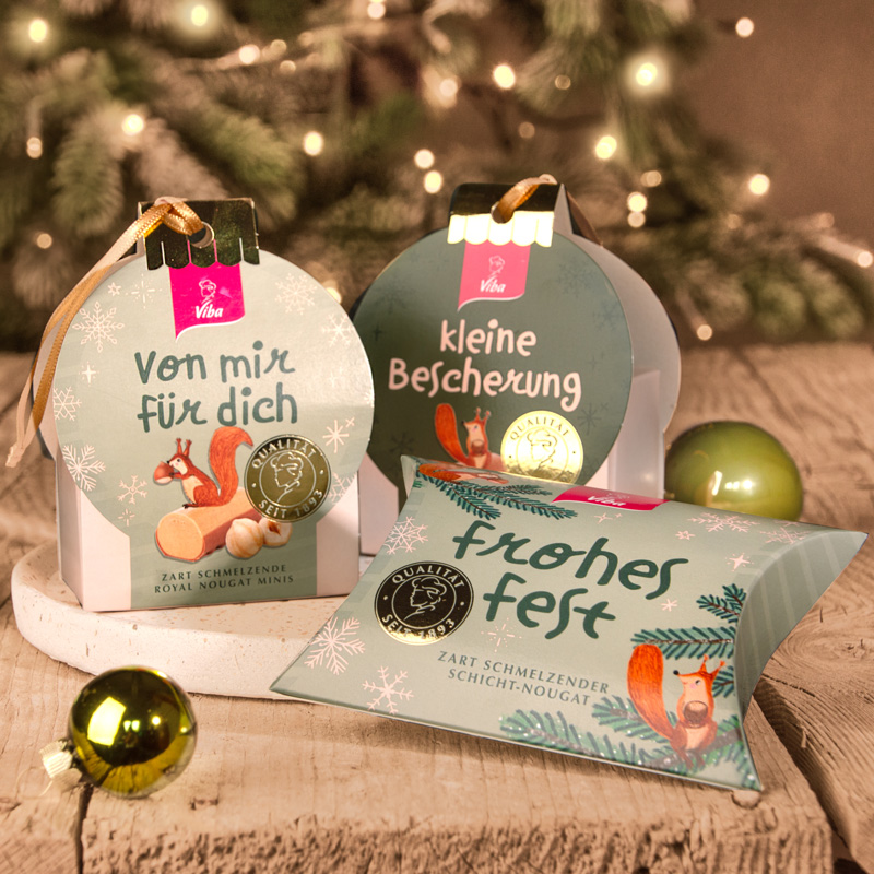 Viba Kissenschachtel "Frohes Fest", Kleine Grüße "von mir für dich" und "kleine Bescherung" als Weihnachtsgeschenke gefüllt mit Viba Nougat Minis