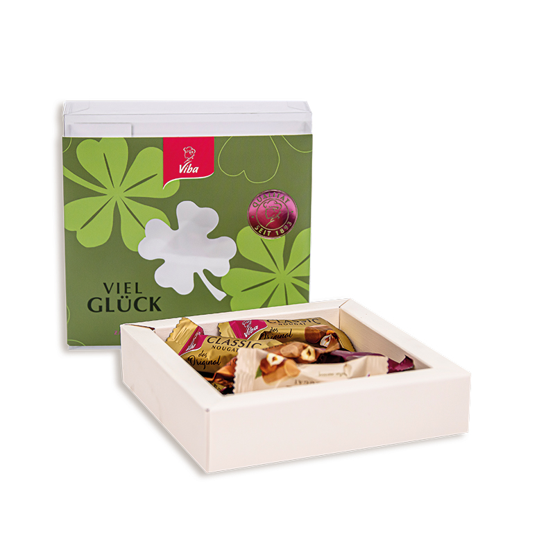 Viba Glücksmomente, 120 g - geöffnete Schachtel mit verschiedenen Nougat Minis gefüllt