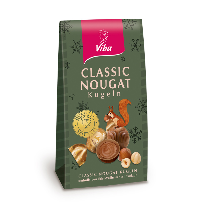 Viba Classic Nougat Kugeln im weihnachtlichen Geschenkbeutel, 105 g